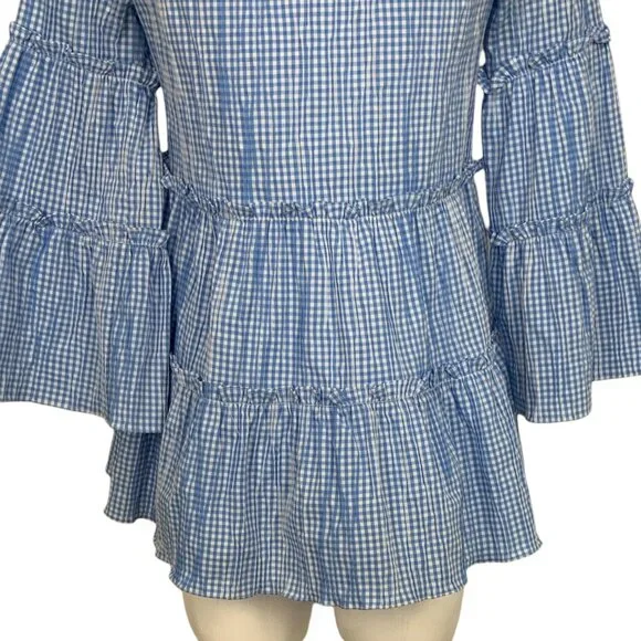 Sara Campbell Ruffle Tiered Tunic Top Blouse S Blue Gingham Bell Sleeve - Picture 12 of 14